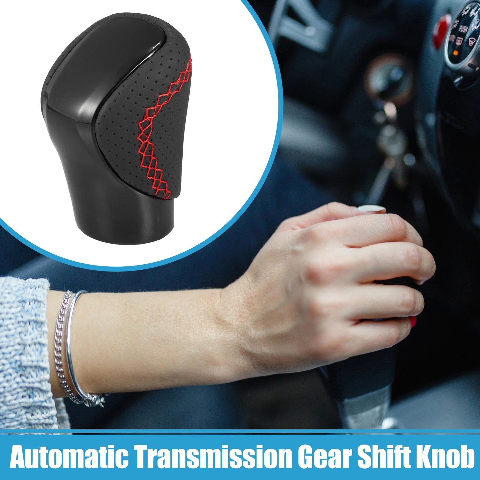 Gear Shift Knob Replacement for Lexus Black Faux Leather with Red Stitch