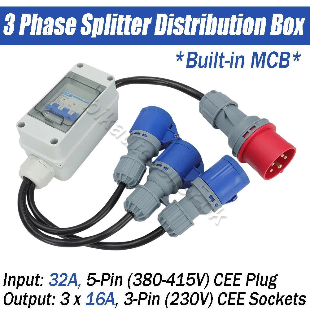 5 Pin to 3x16A Single Phase MCB Step-Down Splitter Distribution Box