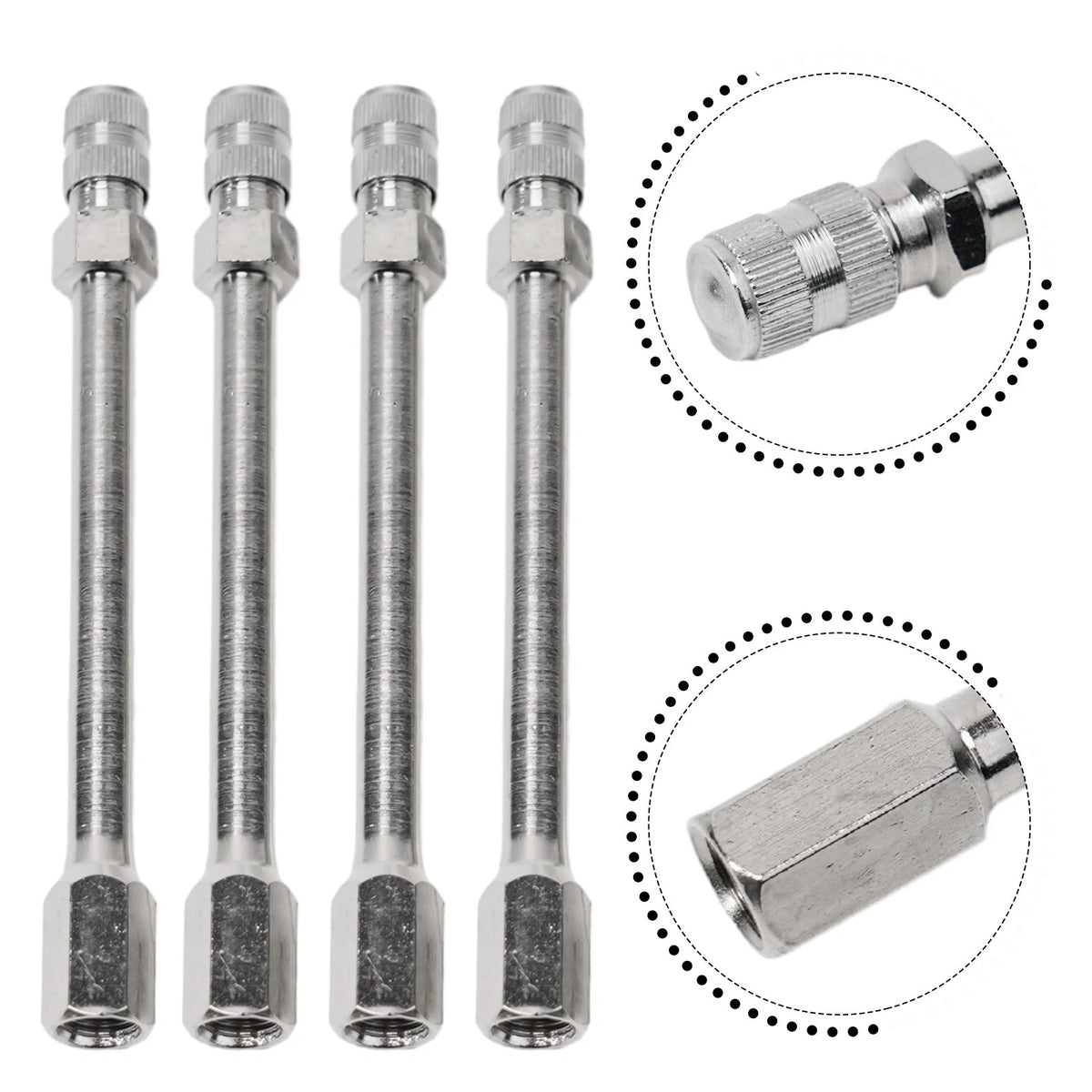 Set of 4 Tyre Valve Extension Rods for Auto Car (Portable, Silver Tone)