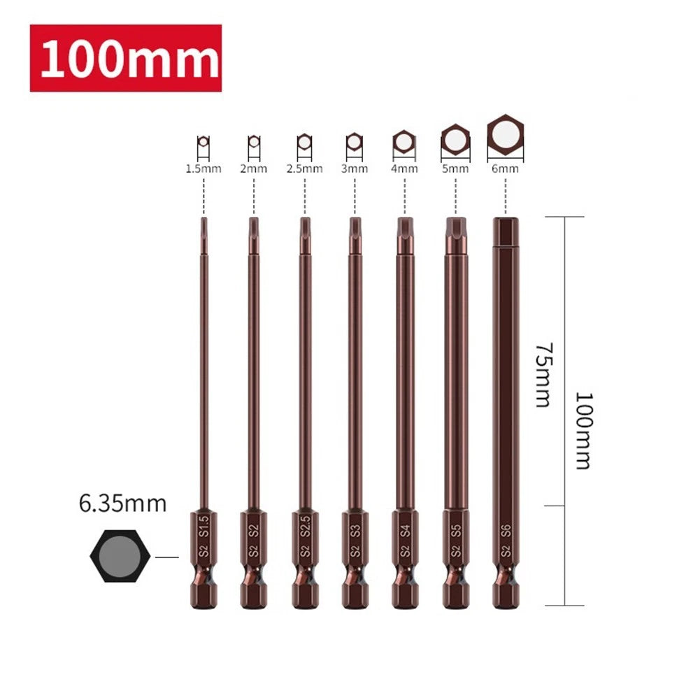 Magnetic Hex Screwdriver Bits Set of 10 - 100mm Length