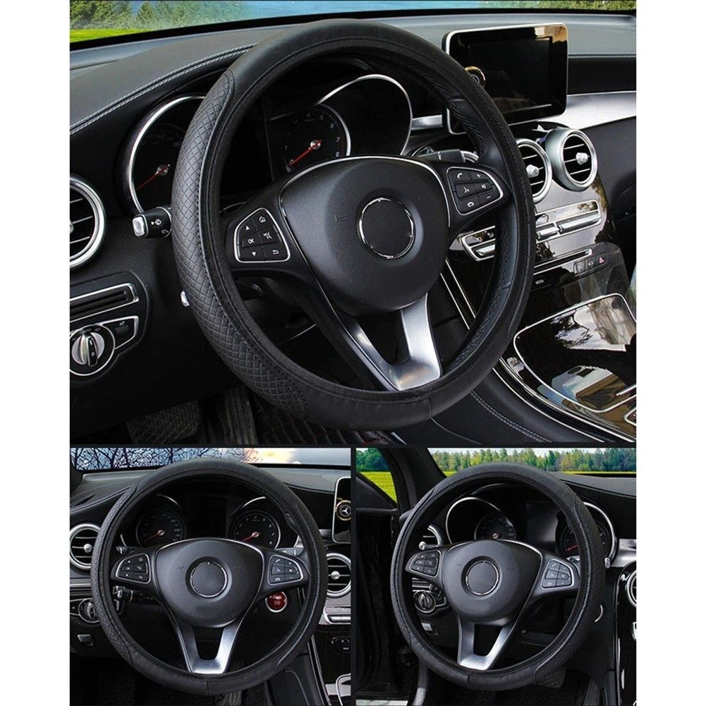 Leather Steering Wheel Cover 15" Anti-slip for Universal Fit (37-38cm)