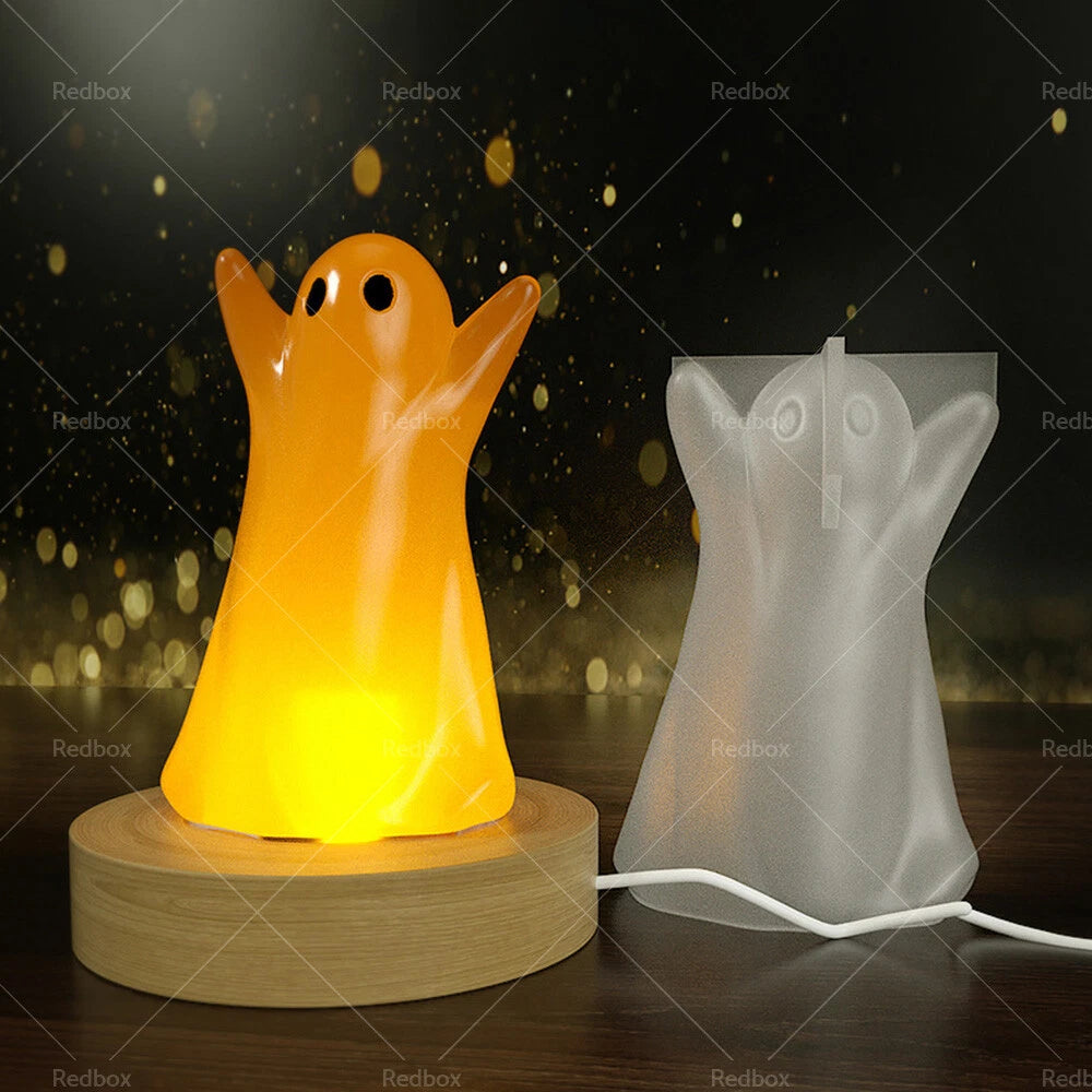 Ghost silicone mold with wooden lighted base for DIY resin epoxy casting