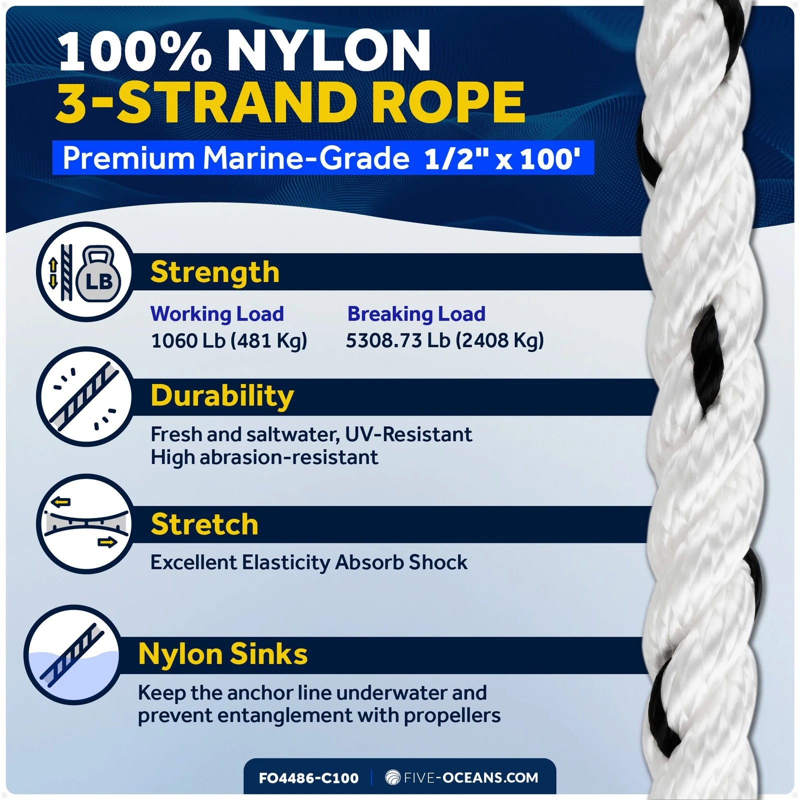 3/8 inch x 100 ft Rope Line with Thimble & Shackle for Marine Use