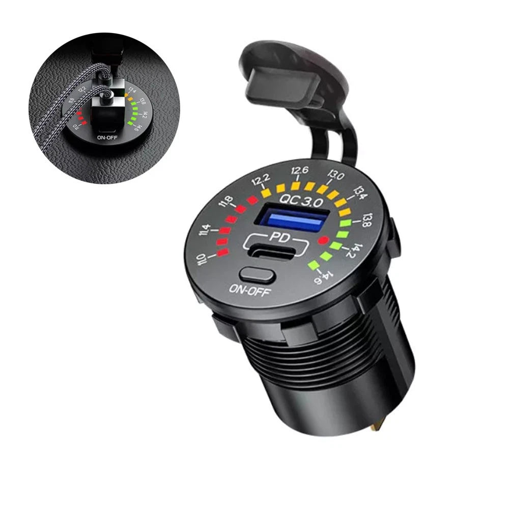 Fast Phone Charger Outlet QC3.0 PD Type-C USB with LED Voltmeter for SUV Boat