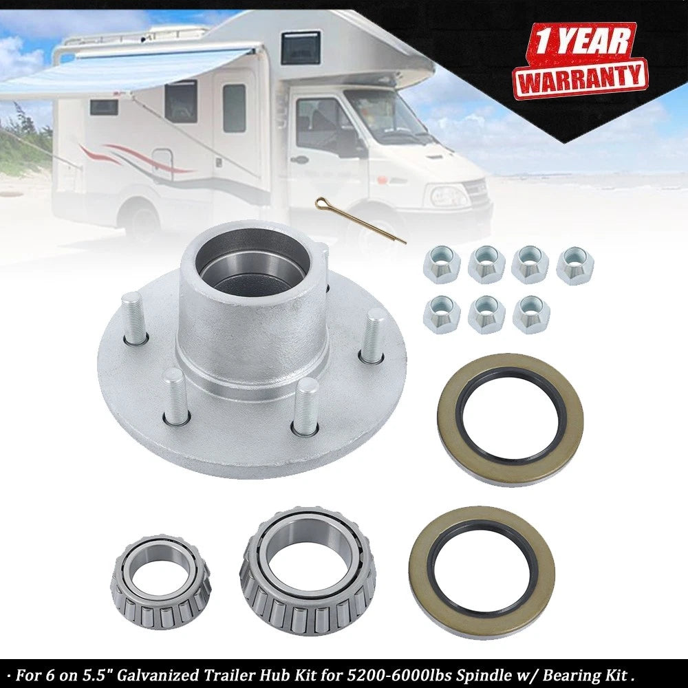 6 on 5.5" Galvanized Trailer Hub Kit for 5200-6000lbs Spindle w/ Bearings