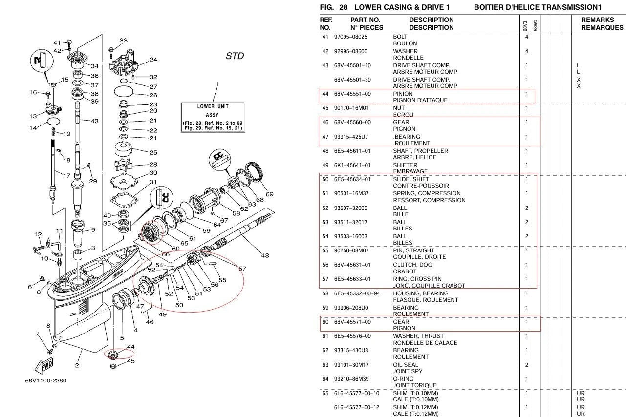 68V Gear Kit & Clutch Dog Repair Kit for Yamaha Outboard F75-115HP (4T)
