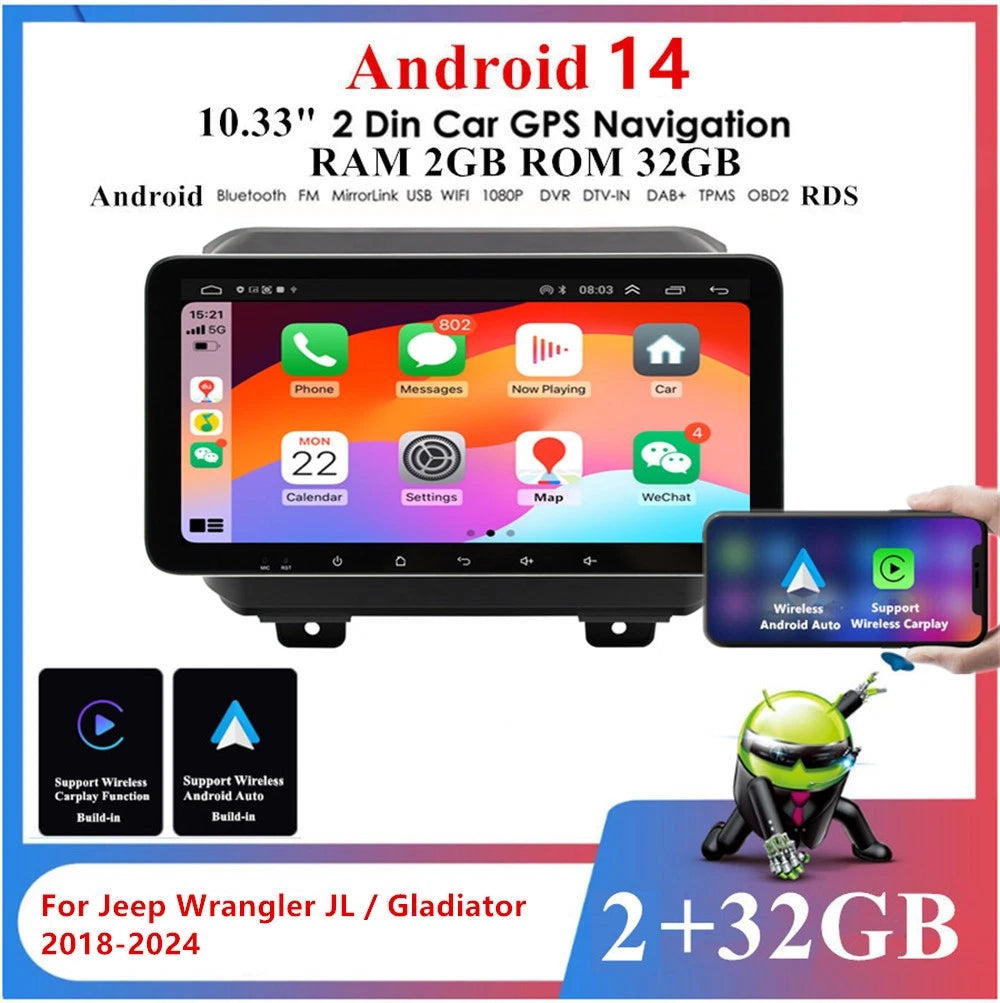 10.33'' 2+32G Android 14 Stereo Radio GPS Navi For Wrangler JL / Gladiator 18-24