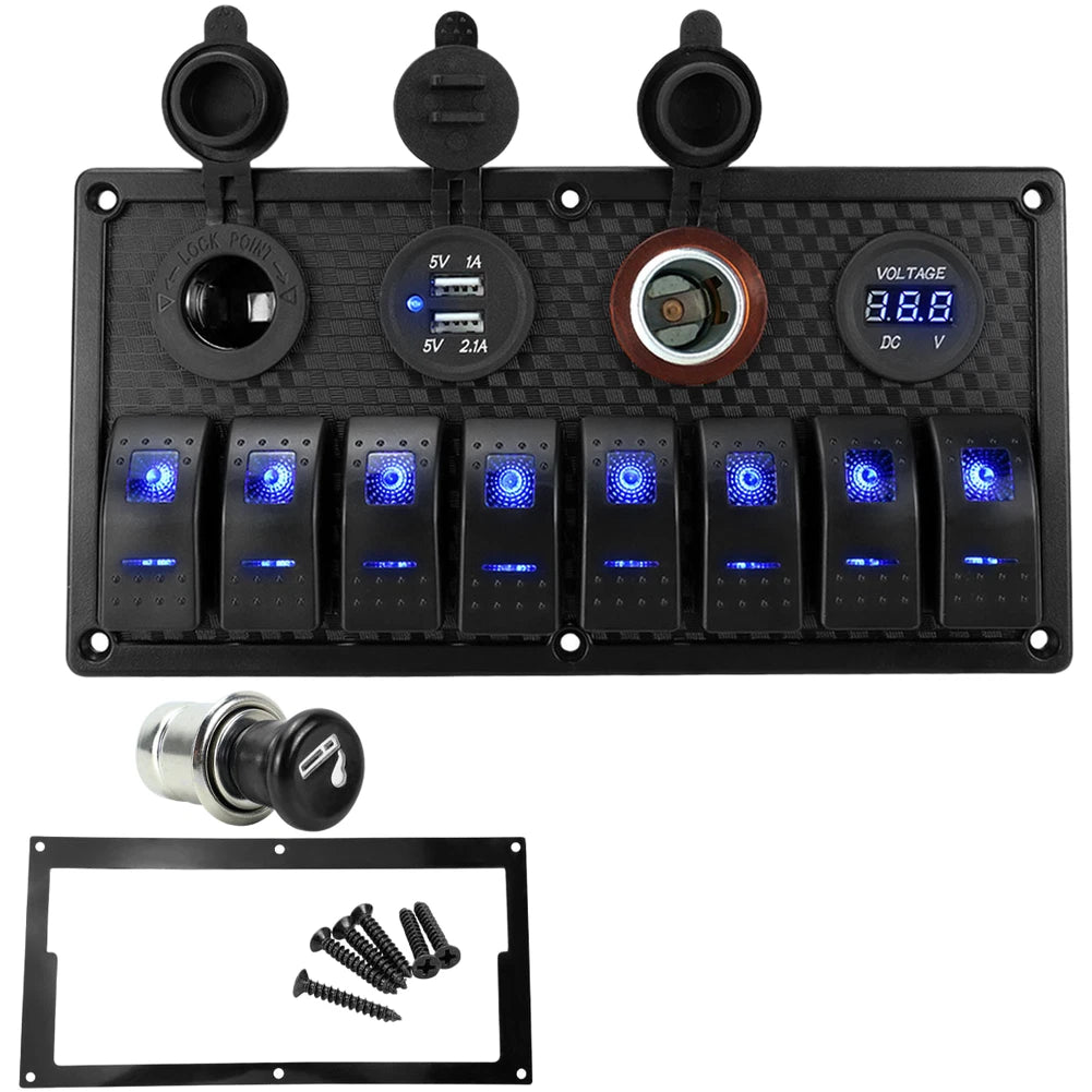 8 Gang Rocker Switch Panel with Digital Voltmeter & USB Charger for Vehicles