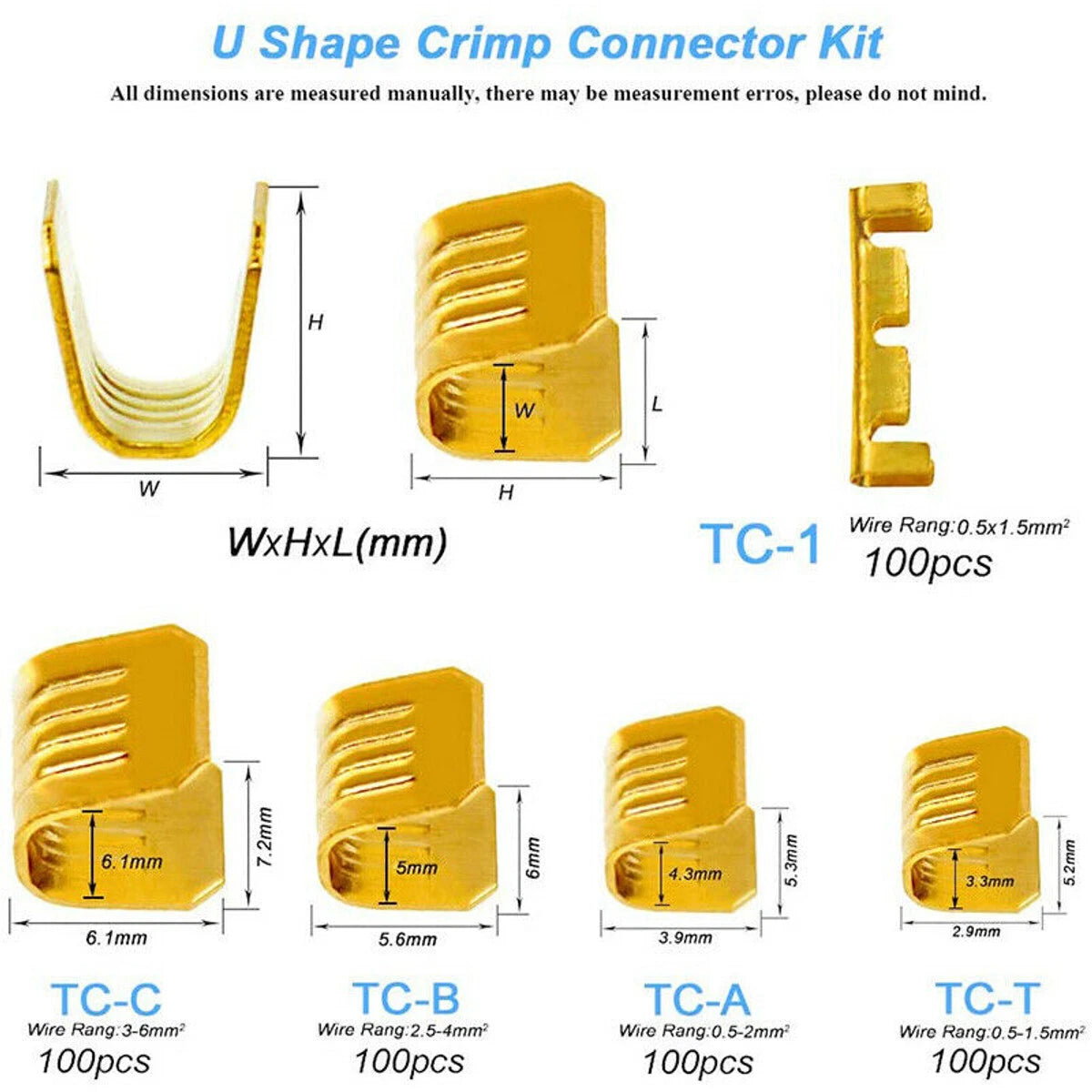 500 Pcs U Shape Copper Terminals Crimp Kit - Non-Insulated Assortment
