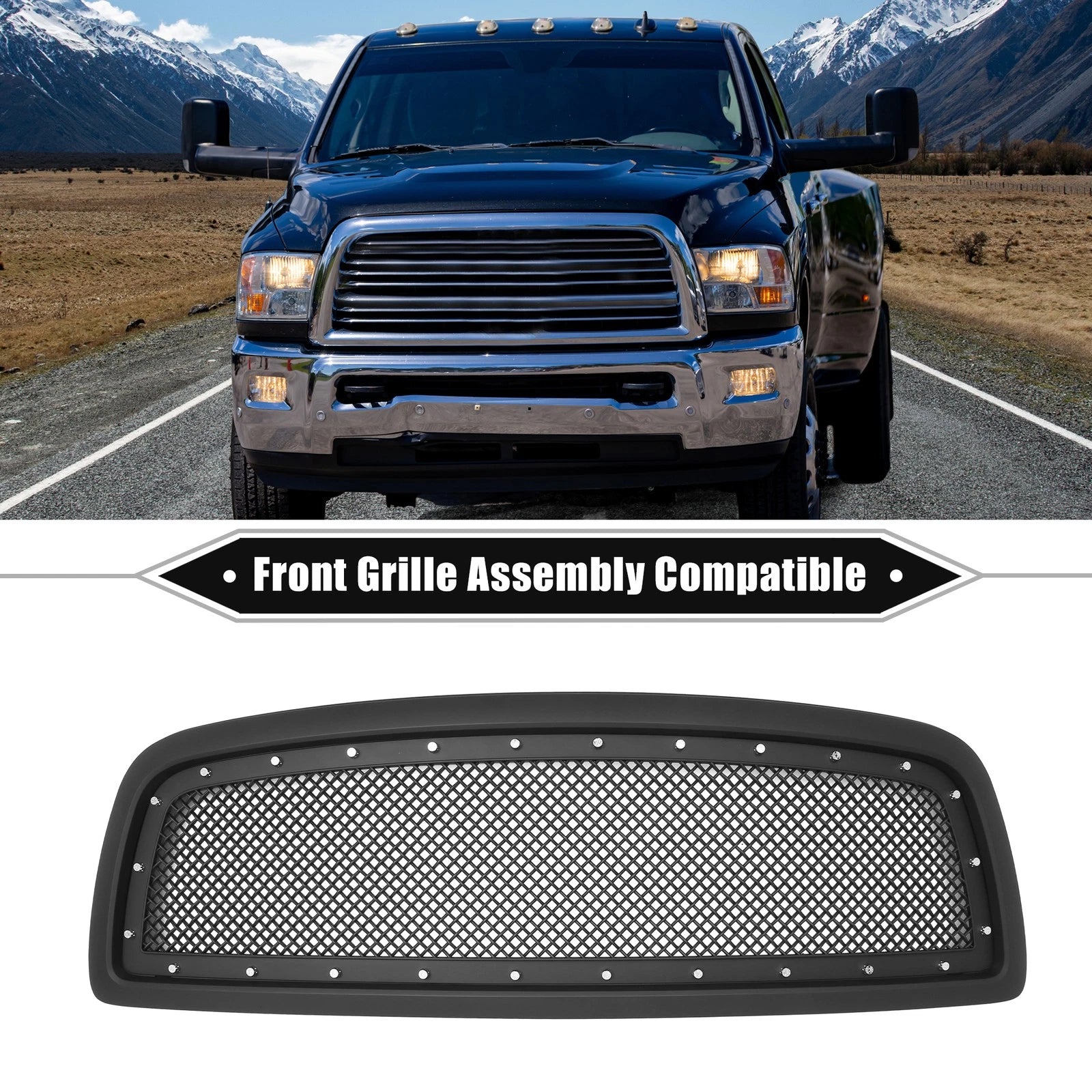 Front Grille Assembly with Rivet for Dodge Ram 1500 (2011–2012) Matte Black