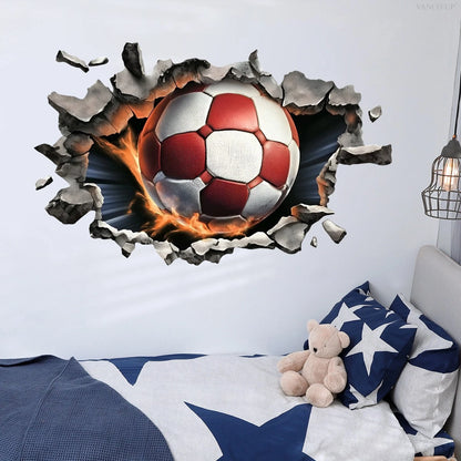 3D Soccer Ball Wall Decal with Realistic Concrete Crack (34.18 x 21.53 in)