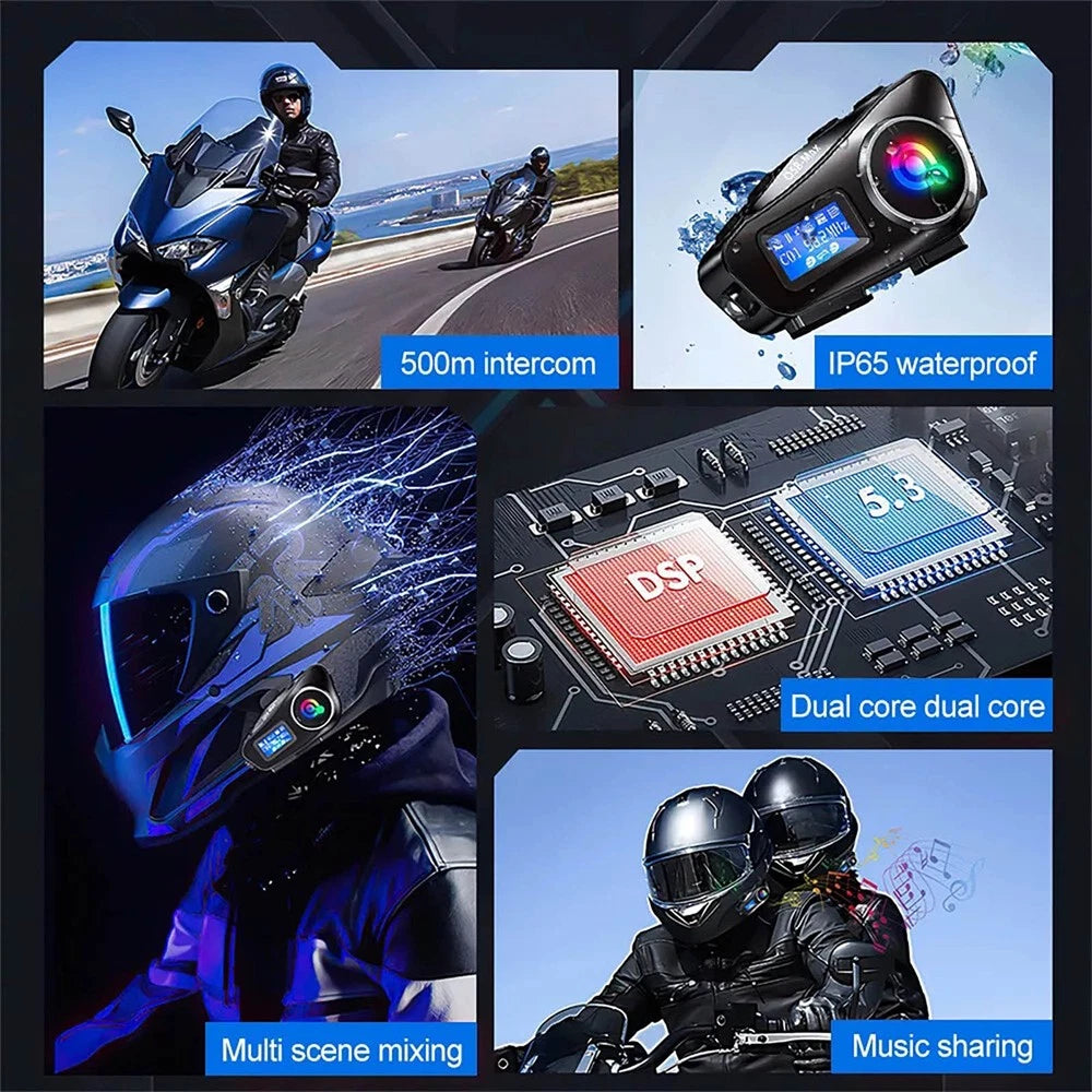 Dual-core Bluetooth Headset for Motorcycle Helmet (Waterproof, LCD Screen)