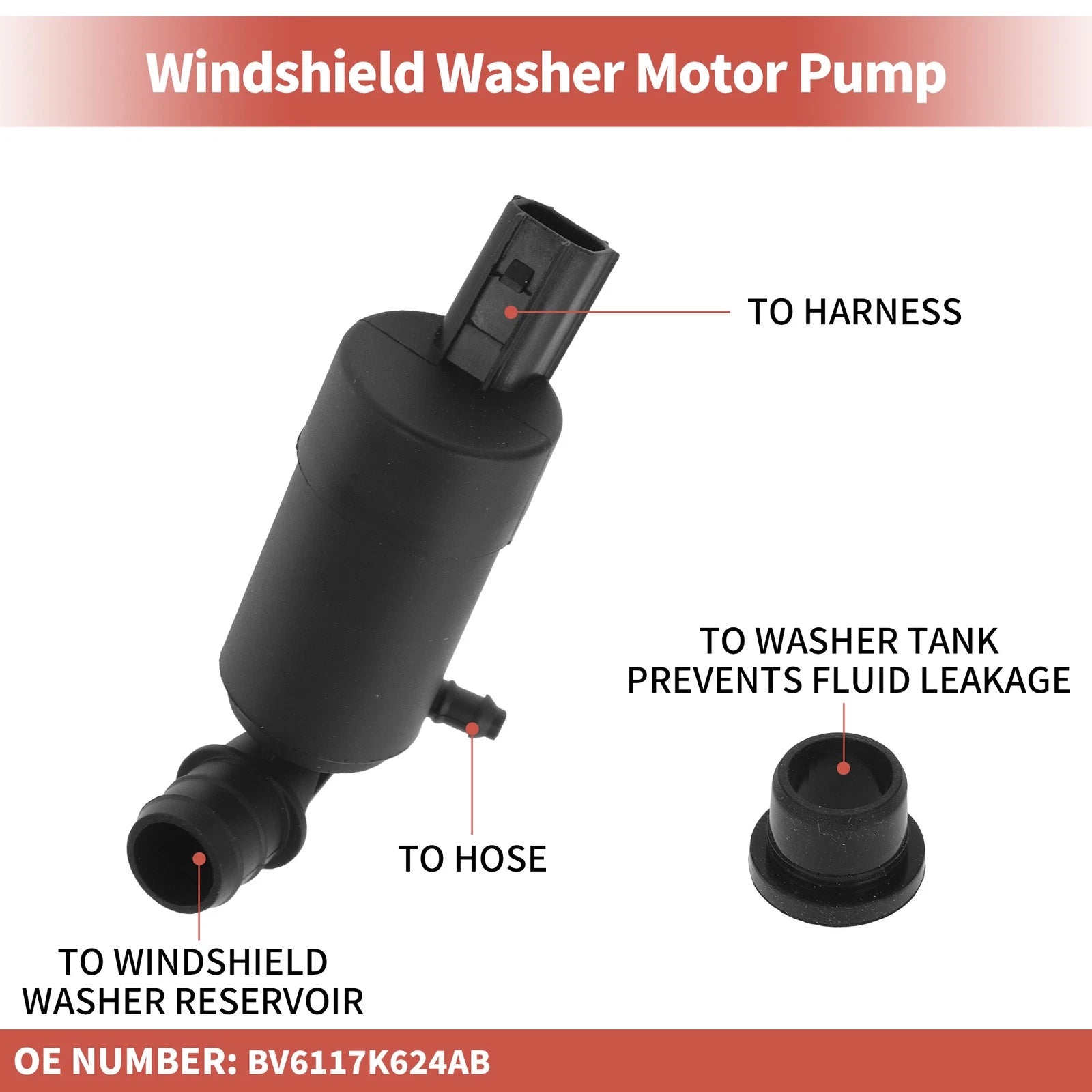 Windshield Washer Pump w/ Grommet for Ford (No.BV6117K624A)