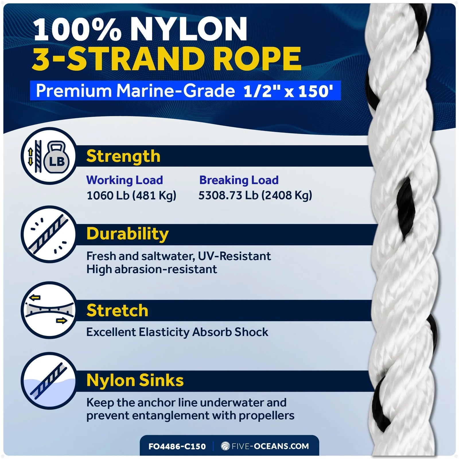 3/8 inch x 150 ft Rope Line for Anchor (Thimble & Shack)