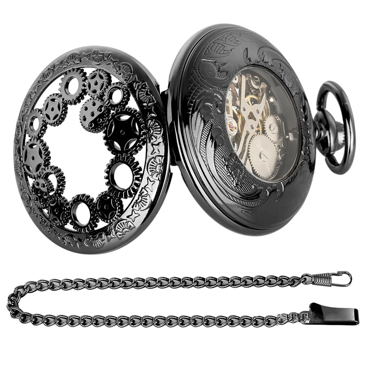 Luxury Skeleton Mechanical Pocket Watch with Chain