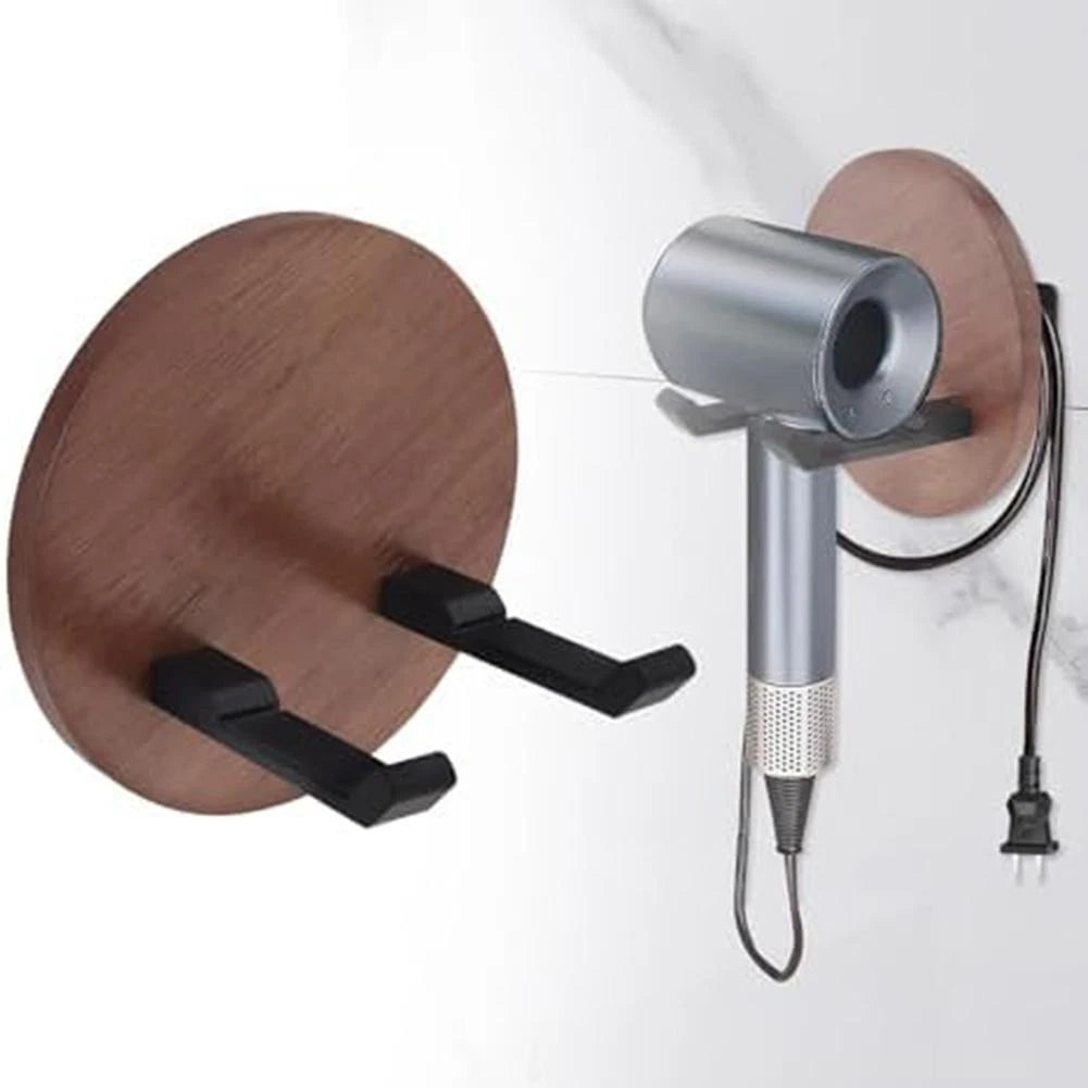Walnut Hair Dryer Holder Wall Mounted Organizer for Bathroom (No Drill)