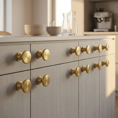 10 Pack Solid Brass Cabinet Knobs Brushed Satin Gold 1.18 Inch Diameter