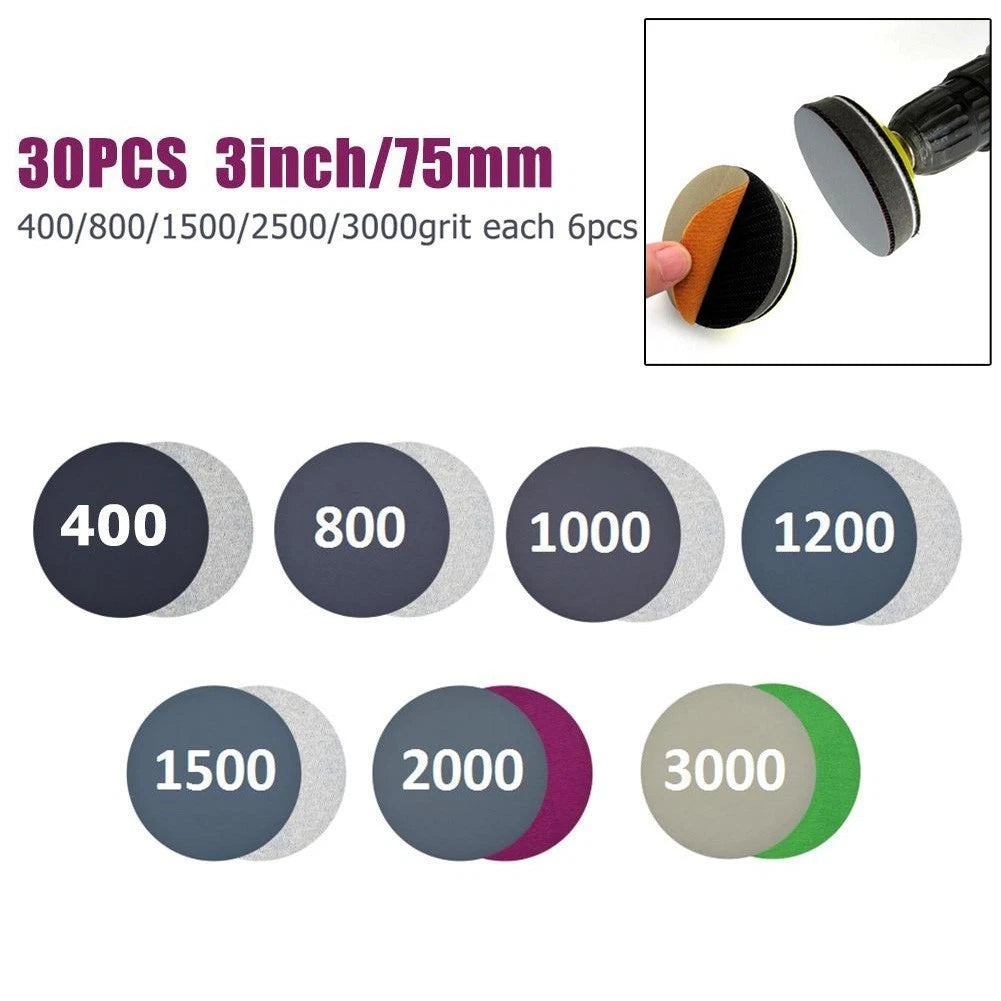 30 Sanding Discs 400-3000 Grit Abrasive Pads for Automotive Use