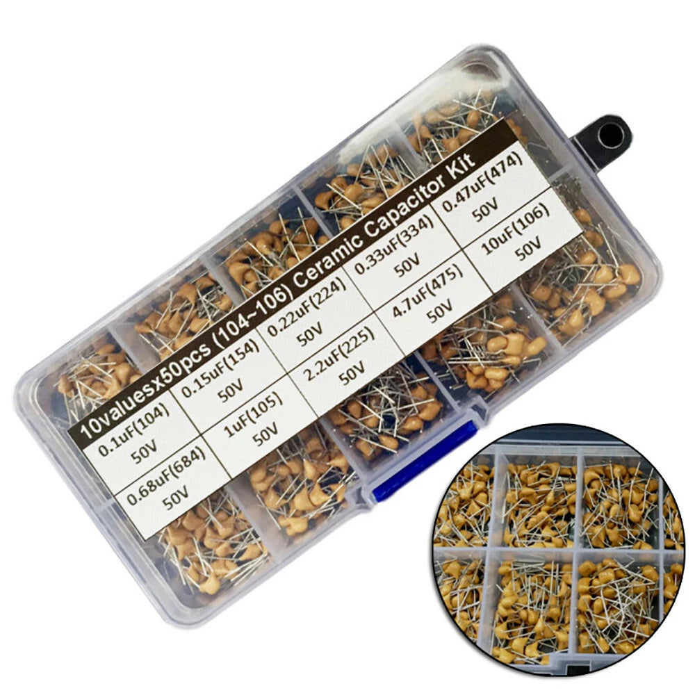 500pcs Ceramic Capacitor Assorted Kit 0.1uF–10uF 50V