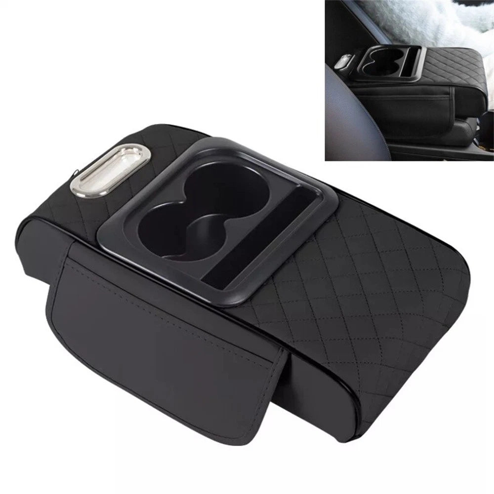 Leather Car Center Console Cover with 2 Storage Bags, Cup Holders & Tissue Box