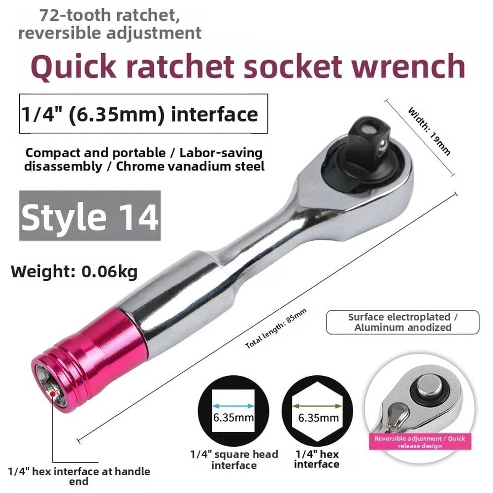 72 Teeth Mini Ratcheting Wrench with 14 Inch Hex Bit Socket