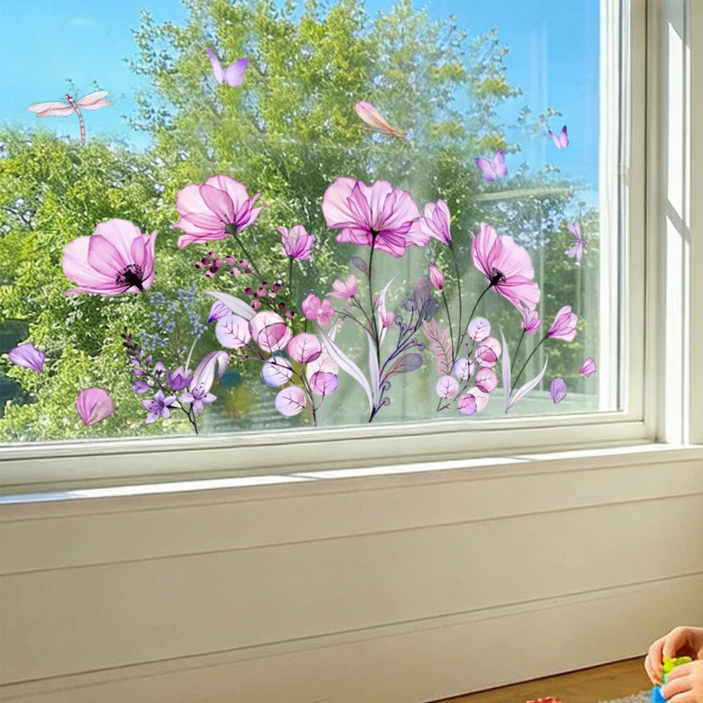 Static Window Sticker for Universal Use (11.81 x 23.62 in) - Purple Flowers & Butterflies