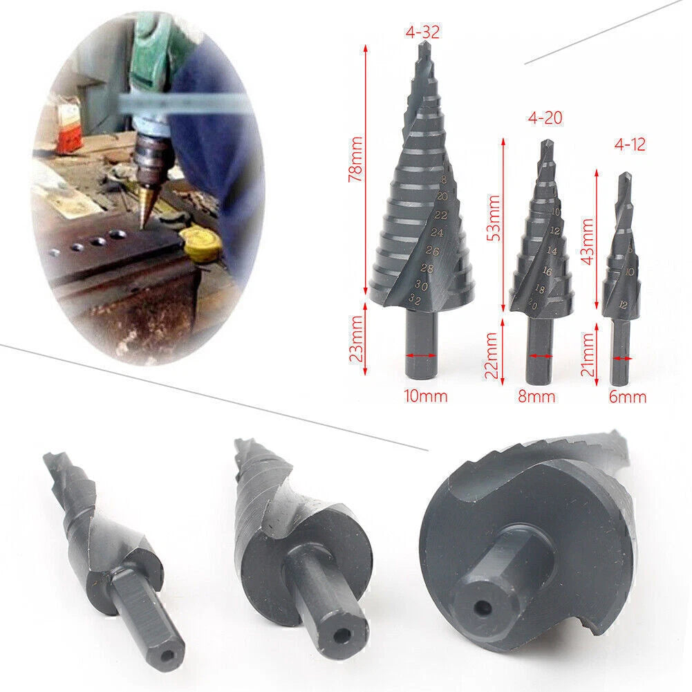 Set of 3 HSS Steel Step Cone Drill Titanium Bit Hole Cutter 4-12/20/32mm