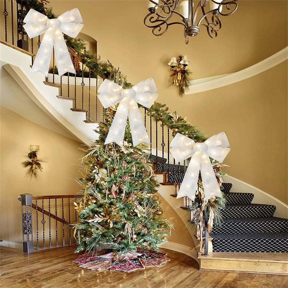 Large Silver Lighted Bow for Christmas Tree Topper (Indoor Use)