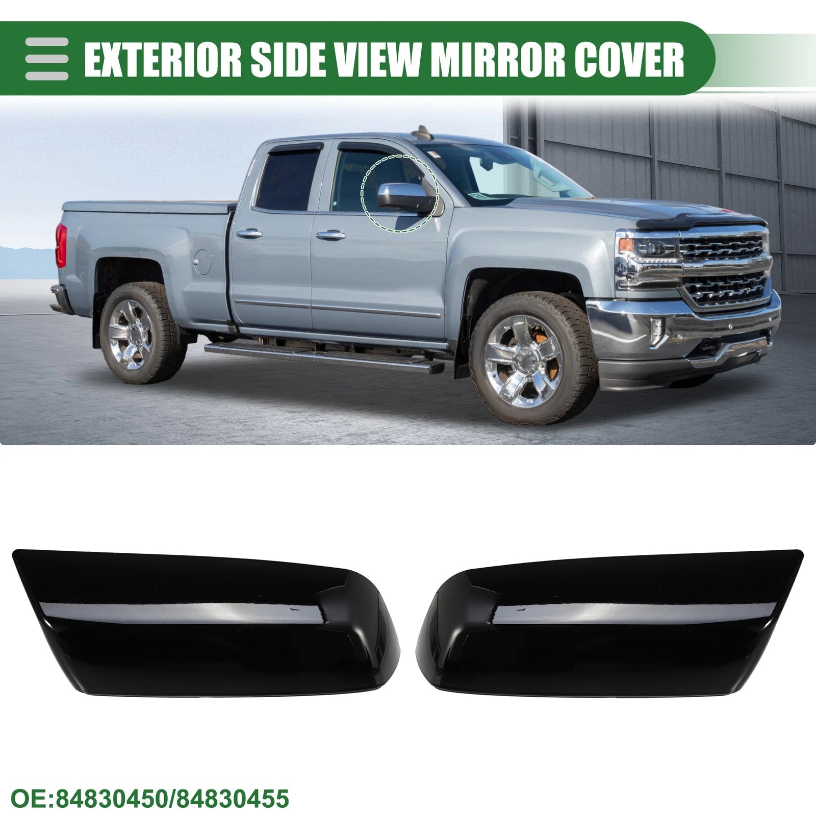 Pair Rearview Mirror Covers Replacement for Chevrolet Silverado 1500 (2014–2019) Gloss Black