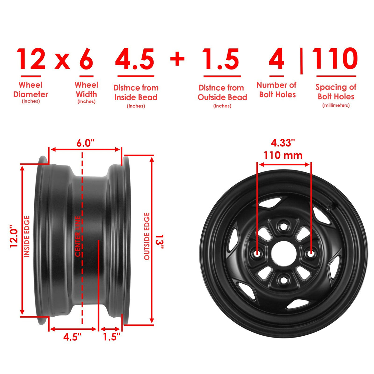 Front Aluminum Wheel 12x6 4x110 Bolt Pattern for Honda (2006–2022)