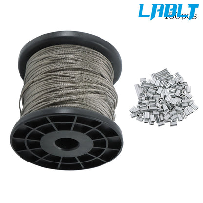 7x7 304 Stainless Steel Wire Rope 328FT with 150 Crimping Sleeves