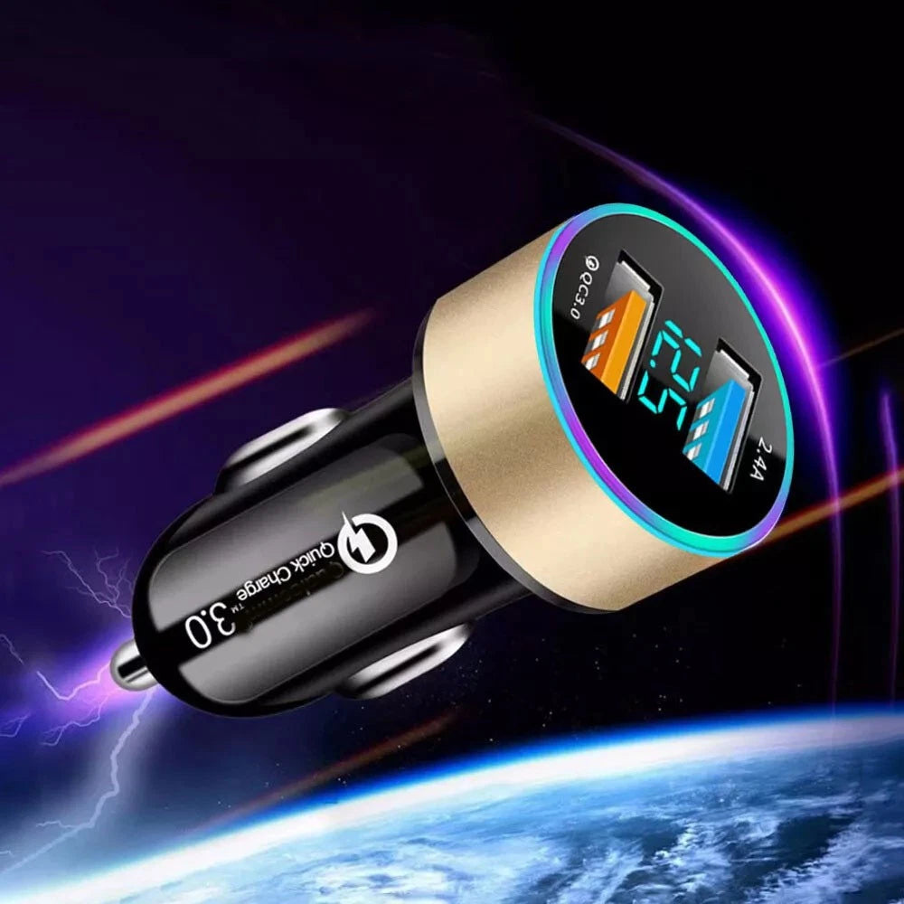 QC3.0 Car Cigarette Lighter Socket Dual USB Charger Adapter LED Voltage Display