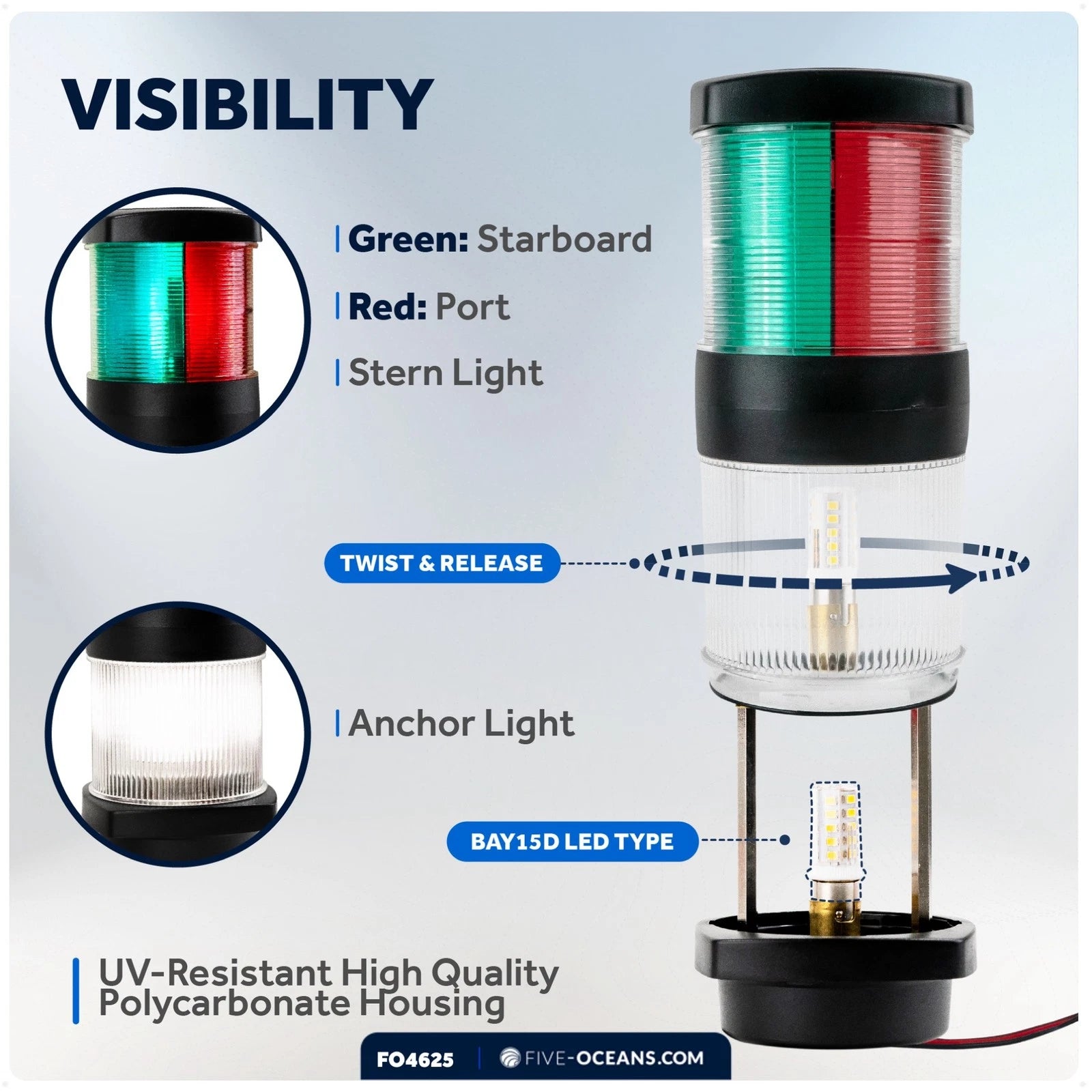 LED Tri-Color Anchor Navigation Light for Boats (12V)