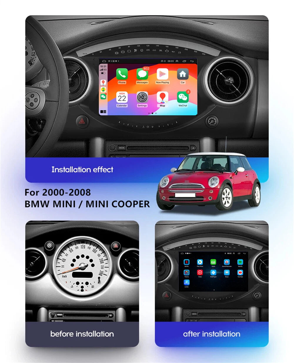 9'' Carplay Navigation GPS for BMW Mini Cooper (2000–2008) 4+32GB