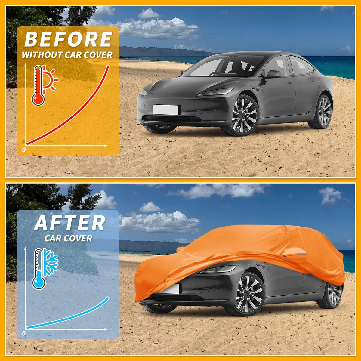 Waterproof Car Cover for Tesla Model 3 (2017–2023) - Orange Cotton, Zipper