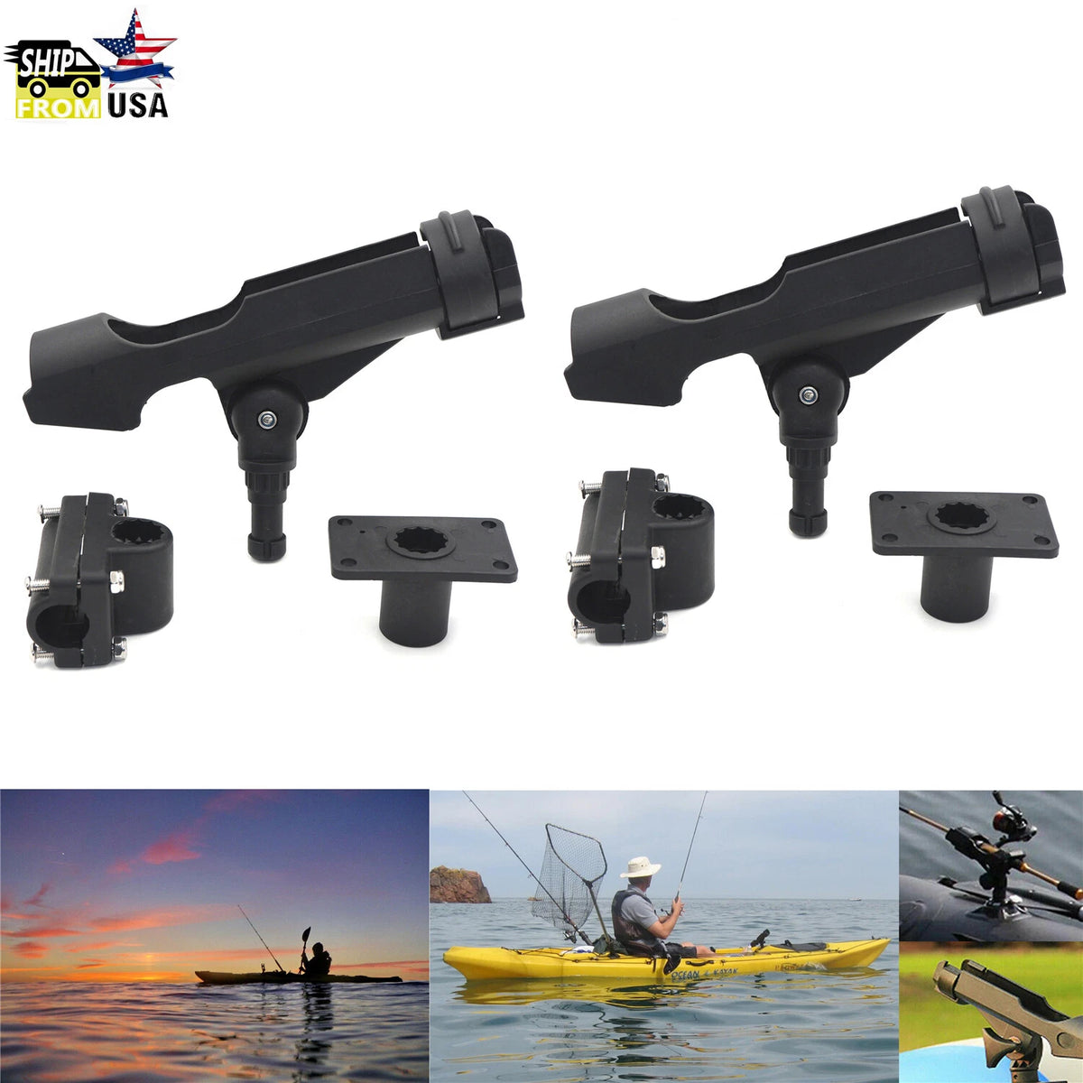 2X Adjustable Side Rail Mount Fishing Pole Rod Holder for Kayak Boat