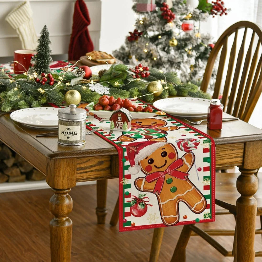 For Gingerbread Candy Cane Christmas Table Runner for Home Party Decor, 33x183cm