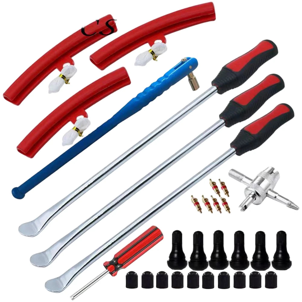 31-Piece Motorcycle Tire Repair Tool Set - Tire Iron Pry Bar & Valve Stem