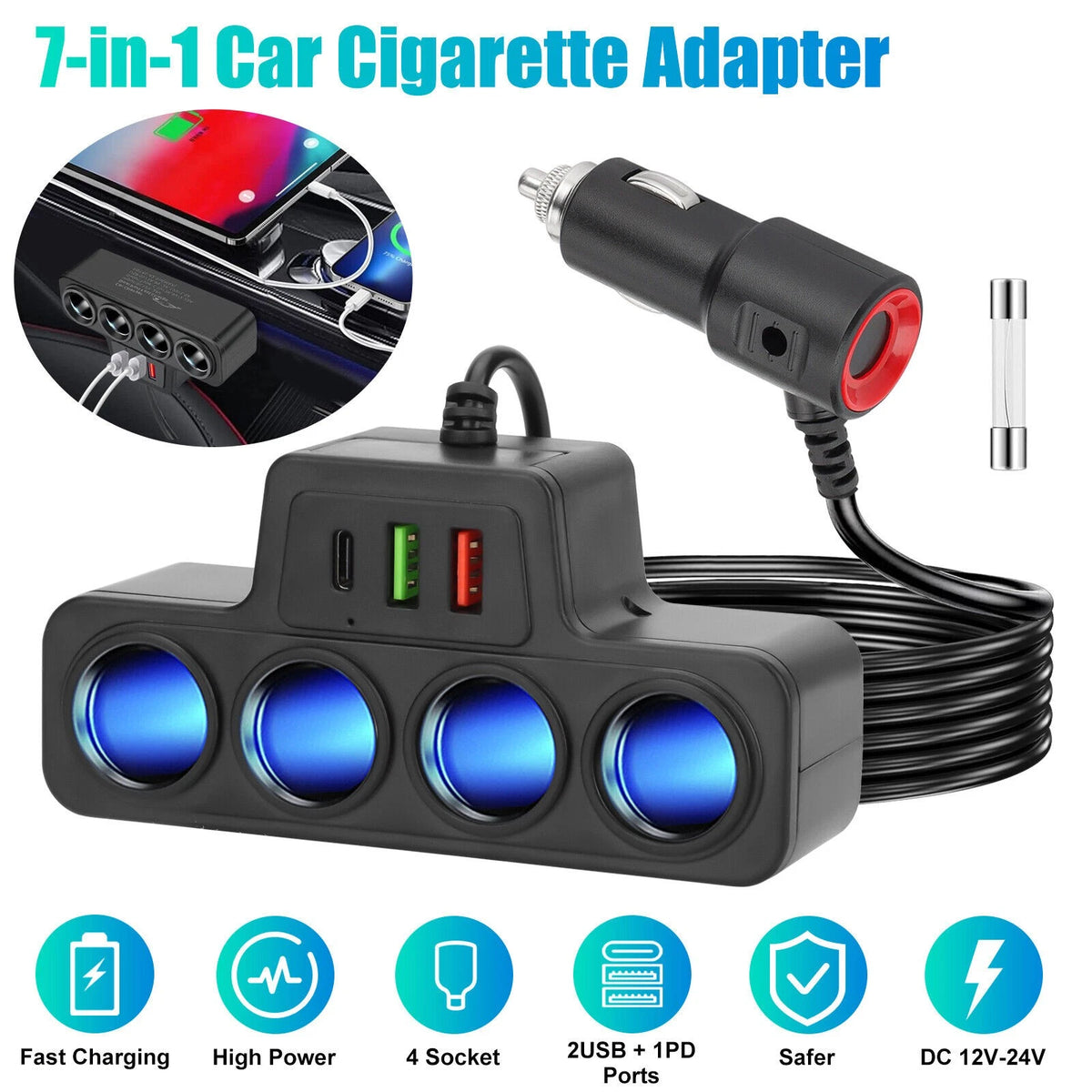 4-Socket Car Cigarette Lighter Splitter USB Fast Charger Adapter Kit