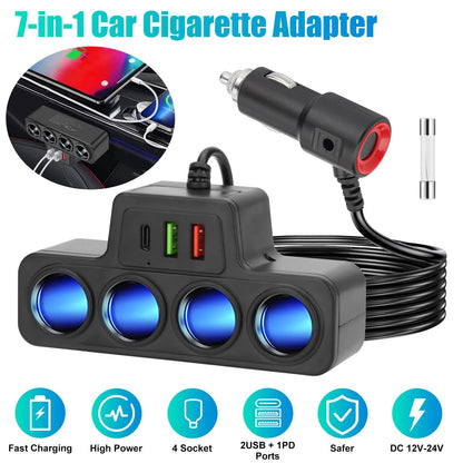 4-Socket Car Cigarette Lighter Splitter USB Fast Charger Adapter Kit