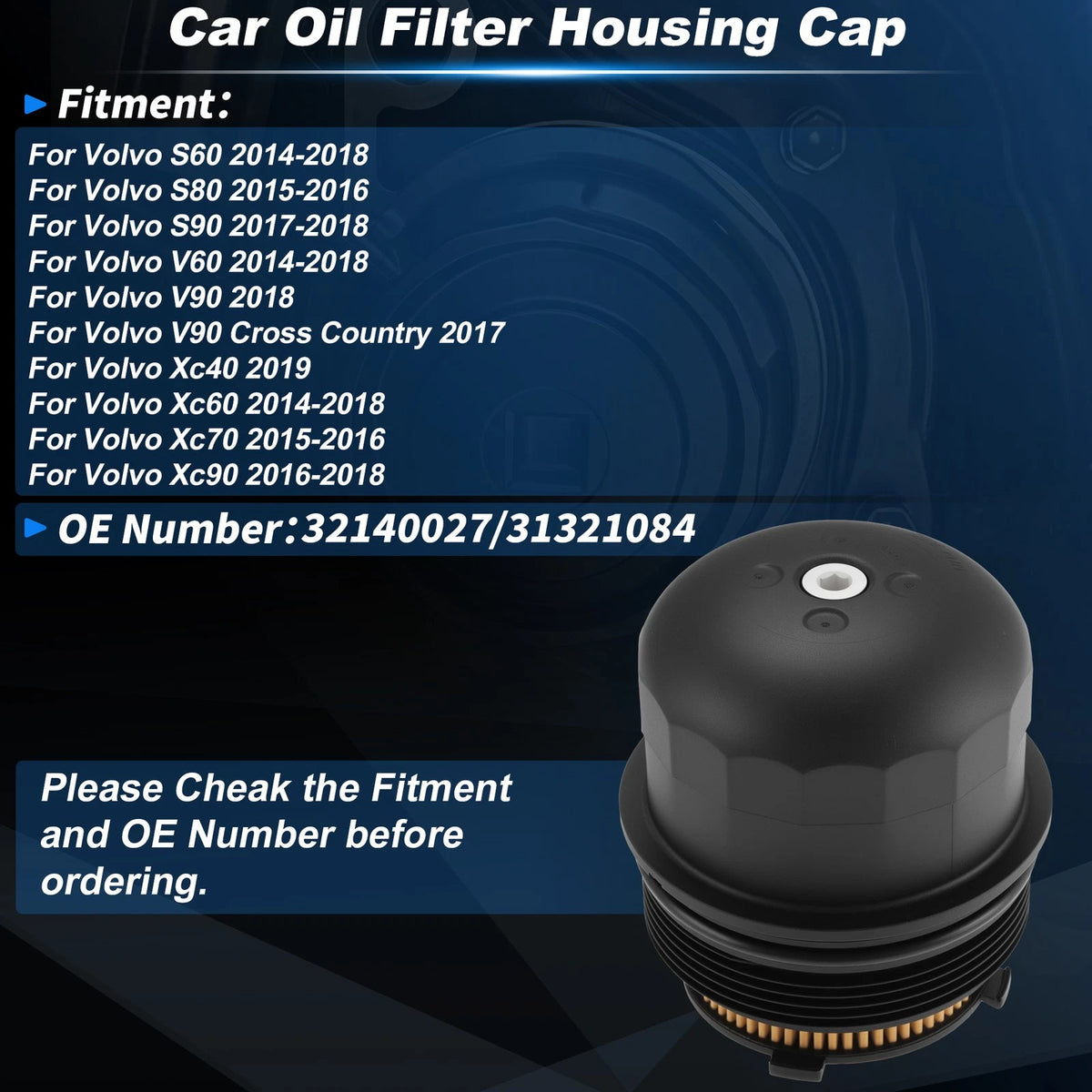 Car Oil Filter Housing Cap for Volvo S60 (2014–2018) 32140027 Plastic Black