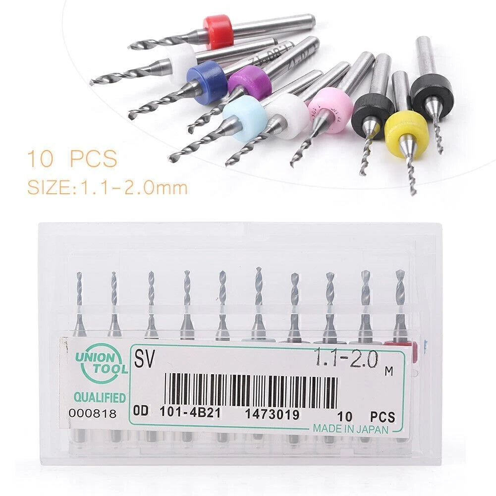 Set of 10 Carbide Micro Drill Bits for PCB CNC (1.1mm-2.0mm)