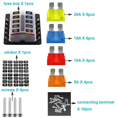 10 Way ATO ATC Blade Fuse Box Holder with Spade Terminals for Universal Use