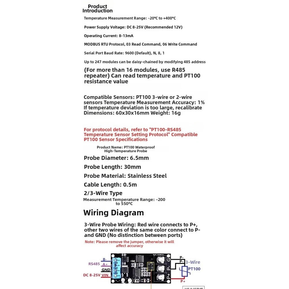 PT100 Temperature Sensor Transmitter for MODBUS RTU Automation Systems