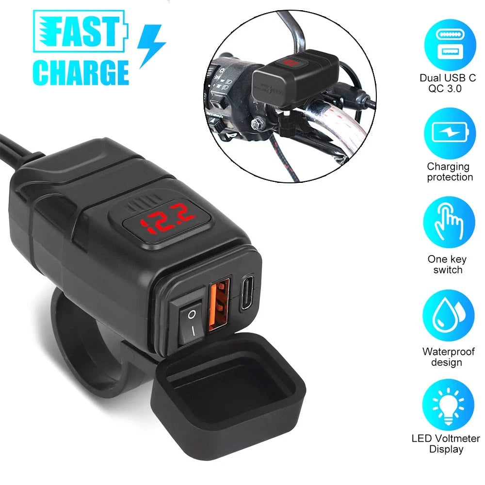 Dual USB Type-C Fast Charge Adapter for Motorcycle ATV (PD QC 3.0)