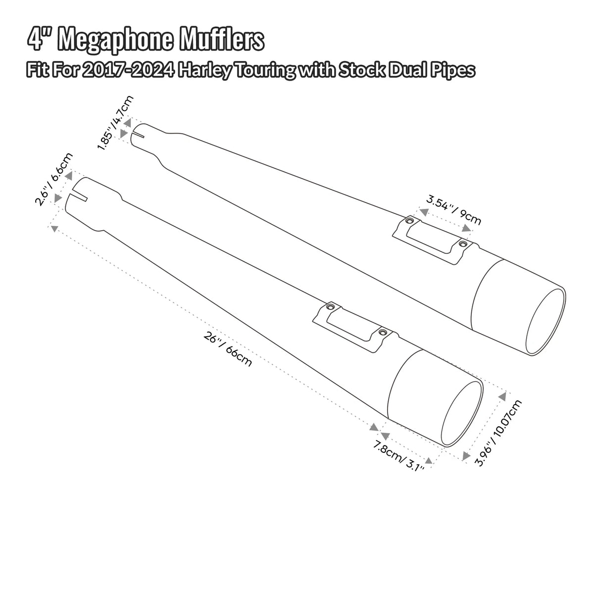 4" Slip On Megaphone Mufflers for Harley Road Street Glide (2017–2020)