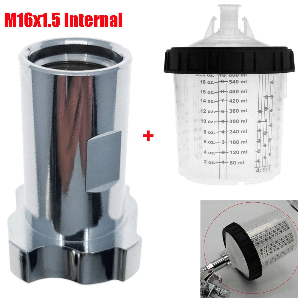 M16x1.5 Internal Thread Adapter Joint w/ 600ML Paint Hard Cup For Spray Gun Tool