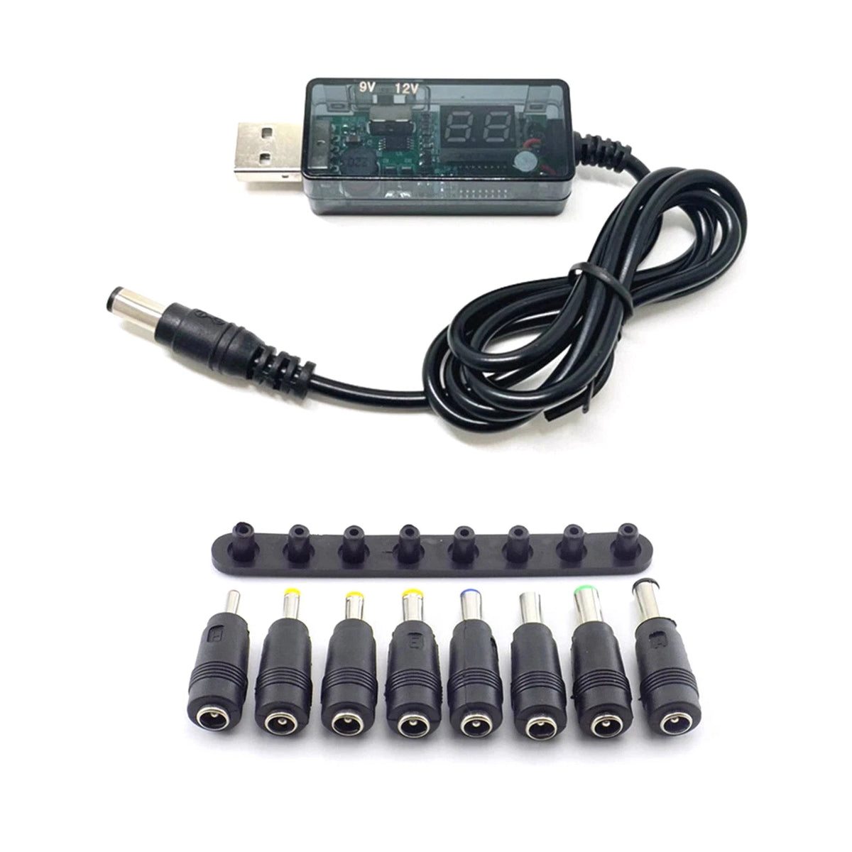 USB Boost Converter 5V to 9V/12V 2A Max with 8 DC Plugs for Power Outage
