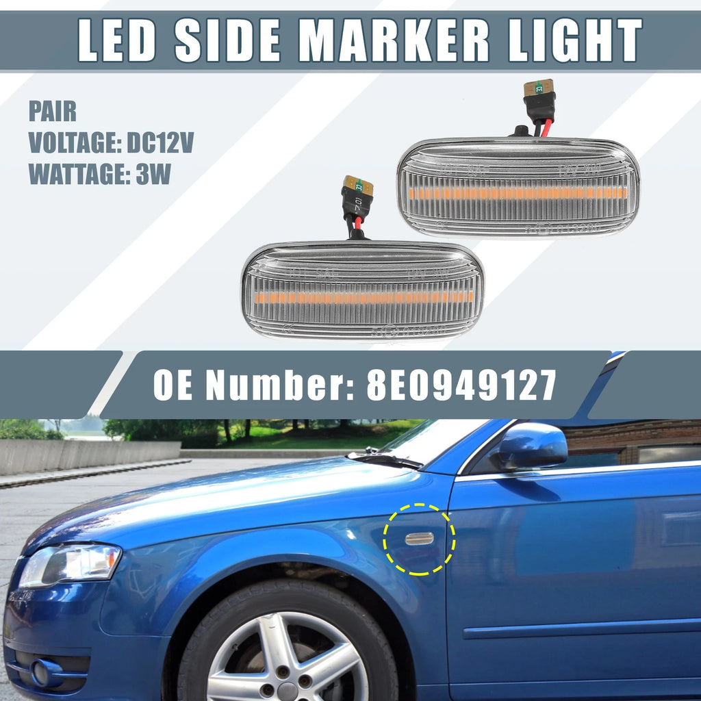 2PCS Clear Lens LED Side Marker Lights Amber Front for Audi A4 (2002–2009)