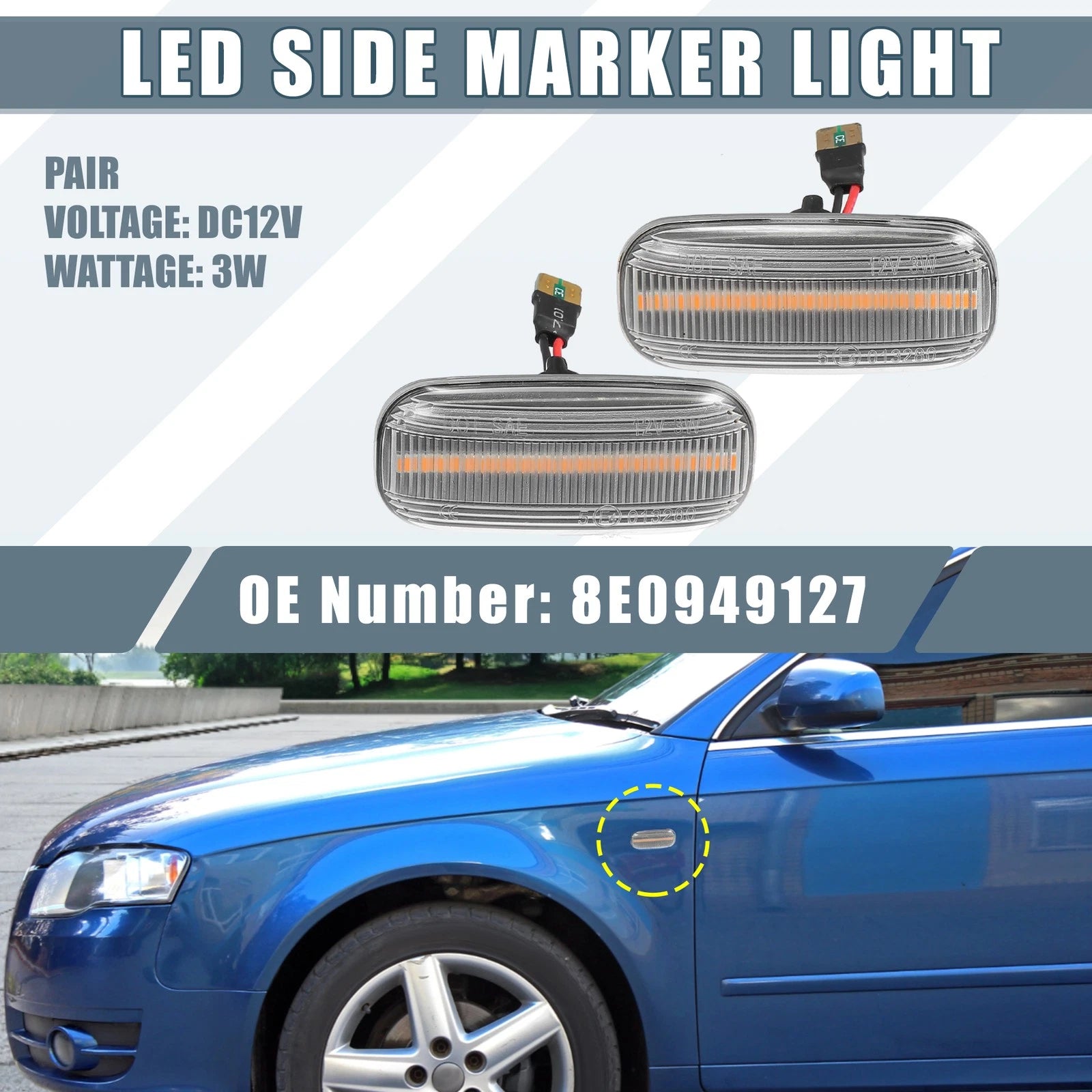 2PCS Clear Lens LED Side Marker Lights Amber Front for Audi A4 (2002–2009)